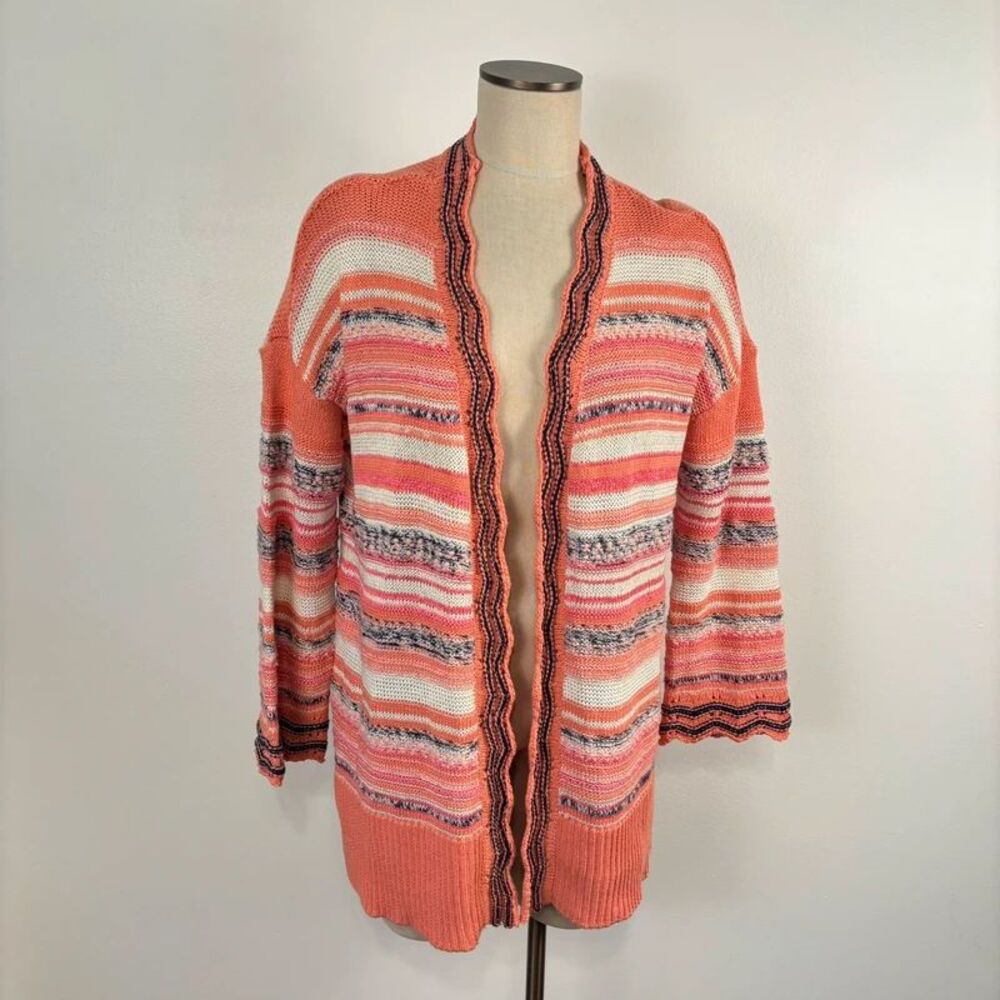 Soft Surroundings Open Cardigan Sweater Womens M Knit Artist Stripe Scalloped